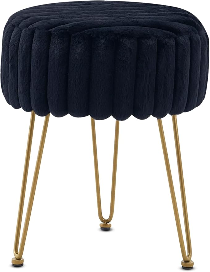 Vanity Stool,Faux Fur Ottoman Foot Stool, Dressing Table Seat with Metal Leg Vanity Chair for Bedroom, Living Room, Entryway, Offices