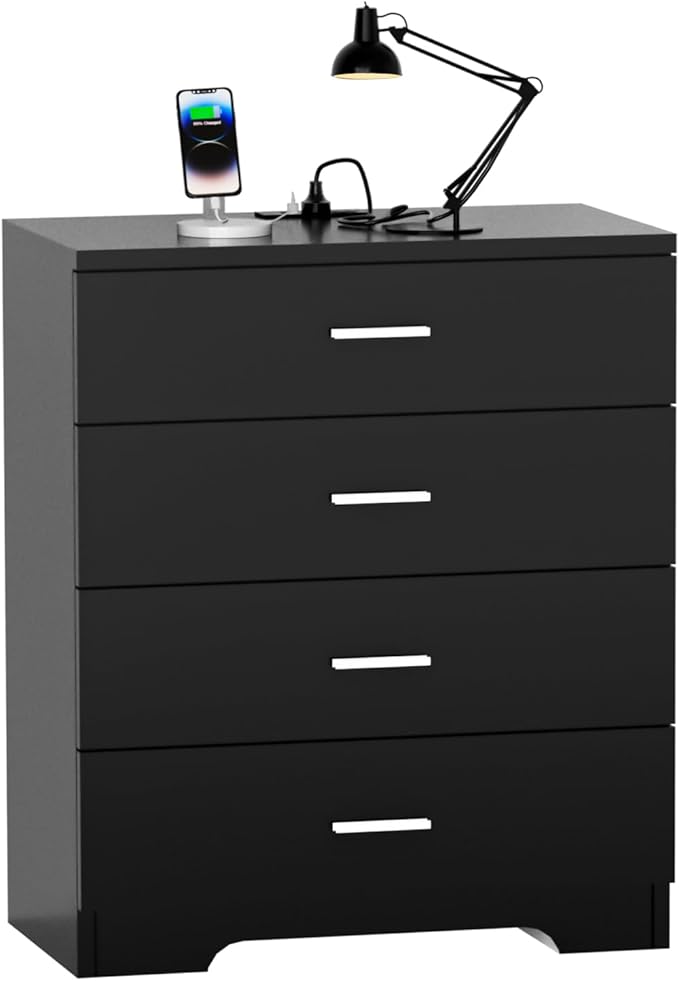 FJTJBSI Dresser with Power Outlets Wooden 4 Drawer Dresser with USB and Type C Port Chest of Drawers for Bedroom Tall Black Organizer Storage for Living Room Hallway Closet