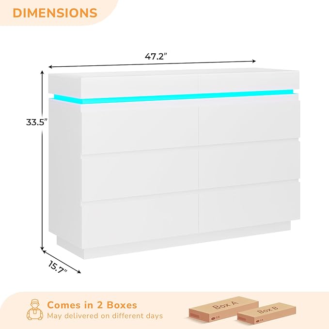 DICTAC Modern 6 Drawers White Dresser with Sliding Desktop, Wide Chest of Drawers with Charging Station & LED Lights, Large Storage Tower Clothes Organizer, White Dresser for Bedroom