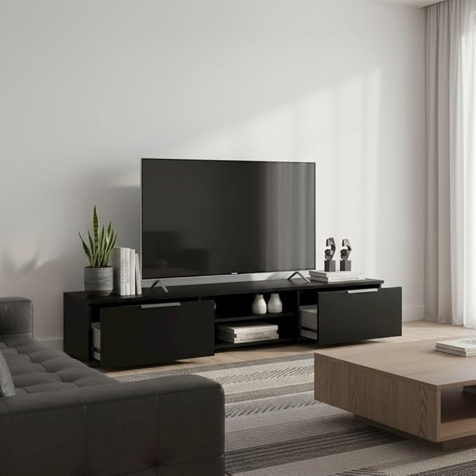 Furnifact Black Matte TV Console with 2 Drawers and 1 Shelf, Low-Profile Entertainment Center for Living Room or Bedroom, Modern Media Console