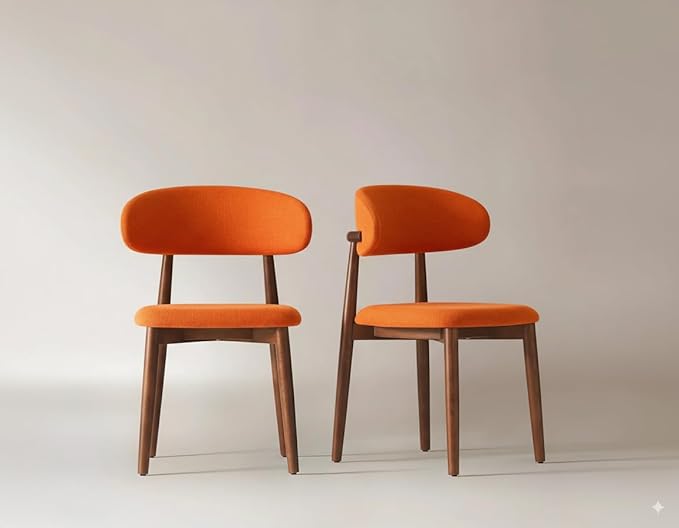Modern Solid Wood Dining Chairs Set of 2 with Curved Back, Ergonomic Upholstered Seat, Natural Wood Legs with Adjustable Anti-Slip Foot Pad (Orange-Walnut, Set of 2)