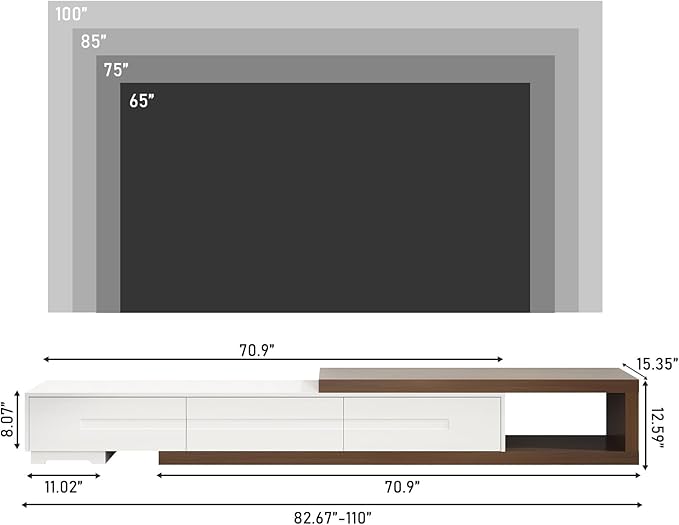 Hlivelood Extendable TV Stand, Modern Entertainment Center for Up to 120 Inch TV, Wood Reversible TV Media Console with 3 Drawers for Living Room Bedroom, 82-110"(White& Walnut)