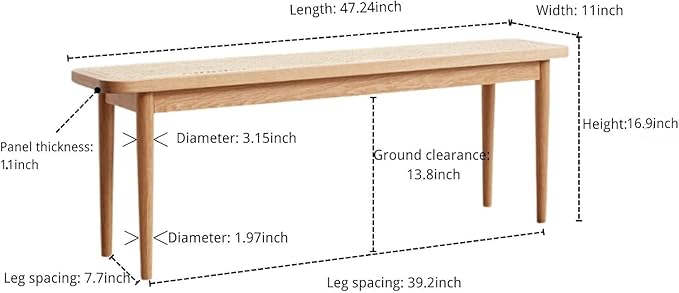 47’’-63’’ 100% Oak Extendable Dining Table and Bench Set for 2, Solid Wood Folding Kitchen Table, Mid Century Modern Dinner Table for Kitchen, Living Room, Natural (47''-63''+47''Rattan Bench)