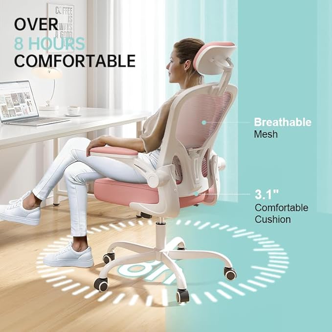 Office Chair Ergonomic Desk Chair, 330LBS Capacity, High Back Computer Design for Long Hours Comfort, Rolling Swivel Executive Task for Home Office with Flip-up Armrests, White Pink