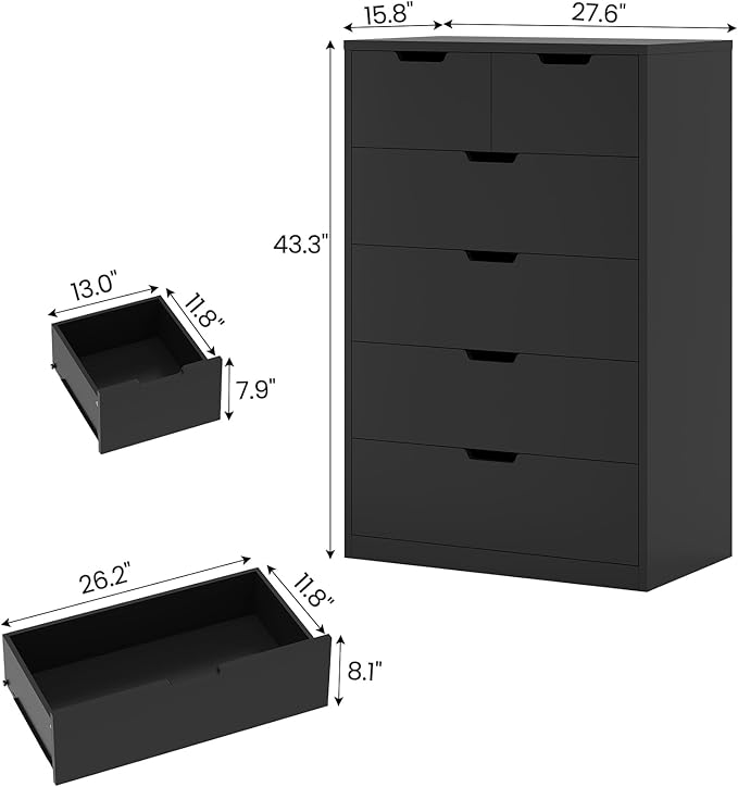 HAUOMS Tall 6 Drawer Dresser, Black Modern Chest of Drawers for Bedroom,Closet Dressers with Drawers for Living Room, Entryway, Hallway