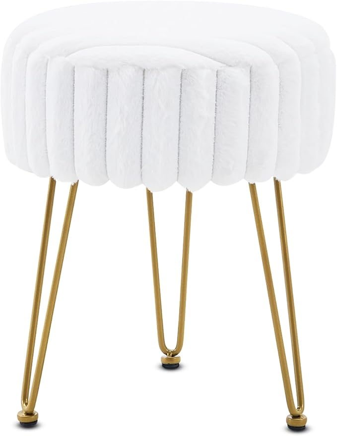 Vanity Stool,Faux Fur Ottoman Foot Stool, Dressing Table Seat with Metal Leg Vanity Chair for Bedroom, Living Room, Entryway, Offices