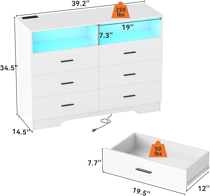 FJTJBSI Dresser with Power Outlets and LED Lights Wooden 6 Drawer Dresser with Large Organizer Tall White Drawer for Bedroom Modern Chest of Drawers Closet for Living Room Kids Room