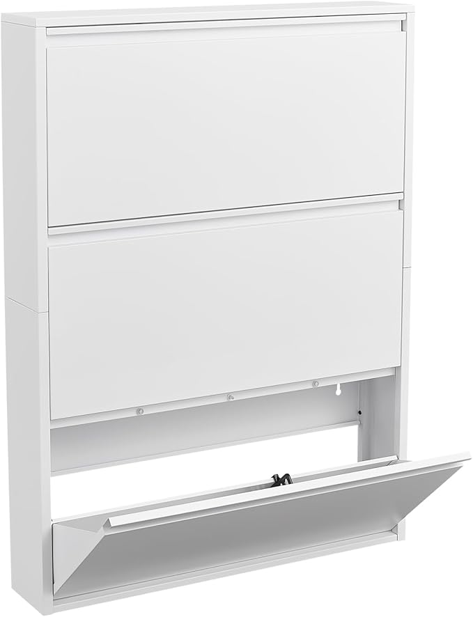 LUCYPAL Shoe Cabinet Storage for Entryway,Slim Wall Mounted Shoe Cabinet with 3 Flip Drawers Narrow Shoe Organizer for Entryway, Hallway, Living Room,White