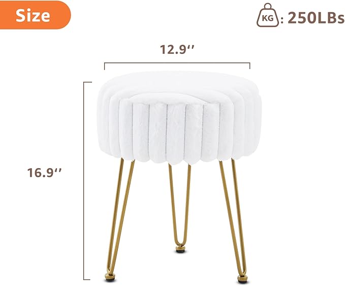 Vanity Stool,Faux Fur Ottoman Foot Stool, Dressing Table Seat with Metal Leg Vanity Chair for Bedroom, Living Room, Entryway, Offices