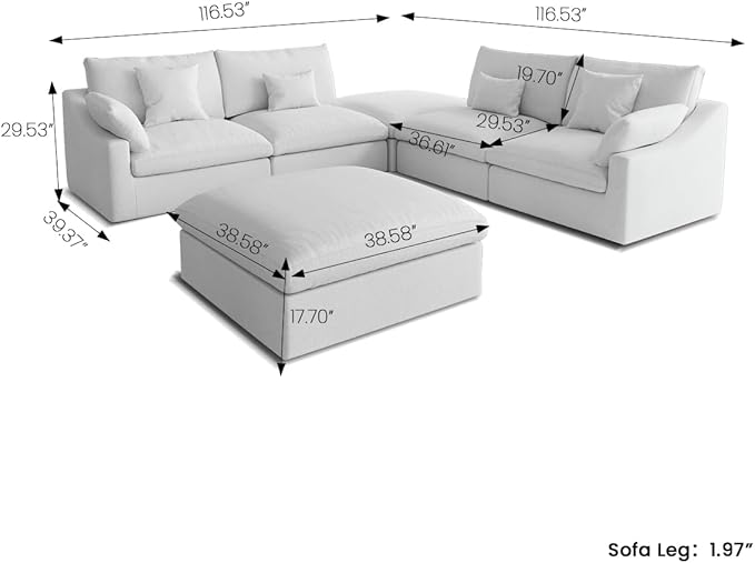 Modular Sectional Sofa Cloud Couch, Oversized 5 Seater Sofa with Ottomans, Extra Large V Shaped Deep Seat Couches for Living Room, Sofa Covers Washable&Removable, White