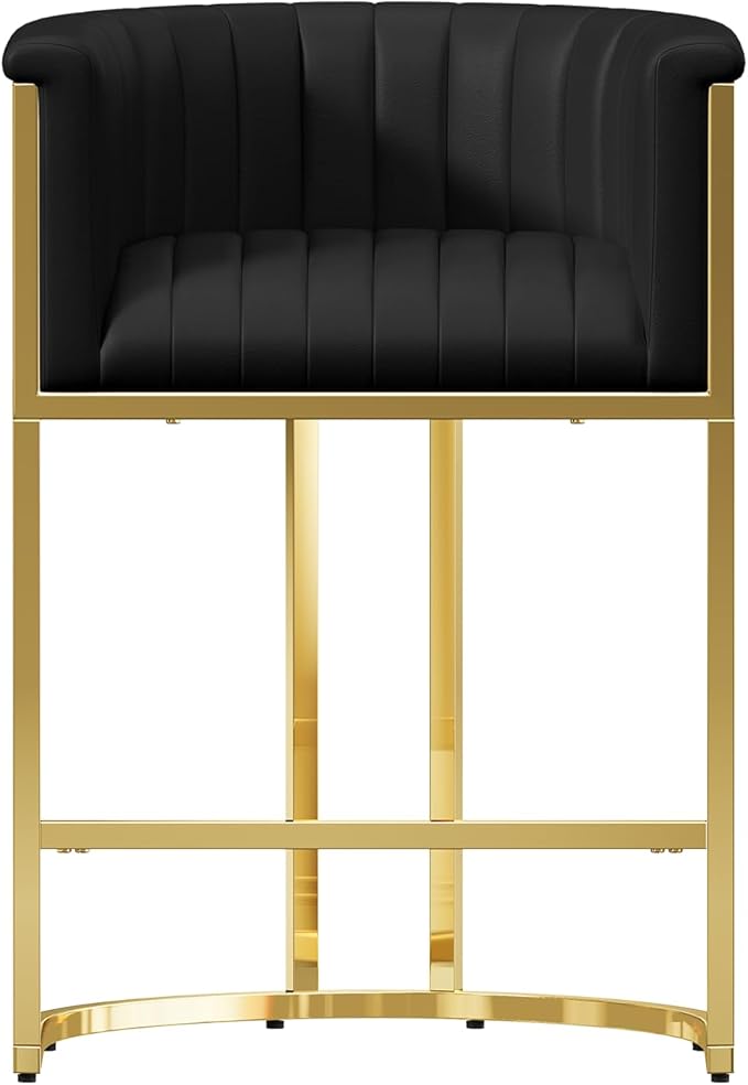 Modern Counter Height Bar Stools,Bar Stools Set of 1,PU Leather Upholstered Barrel Barstools with Backs and Arms,26'' Kitchen Island Chairs,Mirror Champagne Gold Base,Ink Black Leather