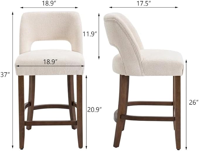 VKNOW Bar Stools Set of 2,Upholstered Counter Height Bar Stools,Modern Counter Stools with Wood Legs for Kitchen Island Dining Room Bar,White