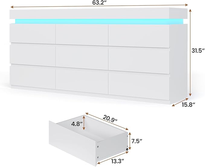 HAUOMS 9 Drawer Dresser with LED Light, White Modern Chest of Drawers for Bedroom,Long Dresser with Drawers for Living Room, Entryway, Hallway