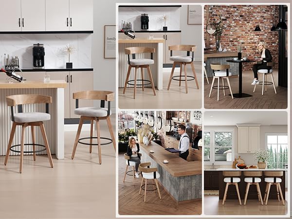DUOMAY Swivel Bar Stools Set of 2, 26" Counter Height Bar Stool with Footrest Modern Wood Barstools with Linen Upholstered Seat Counter Stools for Kitchen Island Home Bar, Grey
