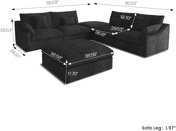 Modular Sectional Sofa Cloud Couch, Oversized 5 Seater Couch with Ottomans, Extra Large V Shaped Sofas Deep Seat Couches for Living Room, Sofa Covers Washable&Removable, Black