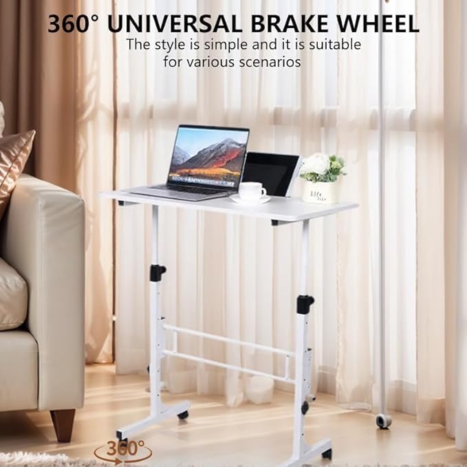 Portable Standing Desk Adjustable Height 27.5"-43.3", Small Computer Desk with Wheels, Foldable Home Office Desk, Folding Table for Laptop, Rolling Desk for Small Space, White