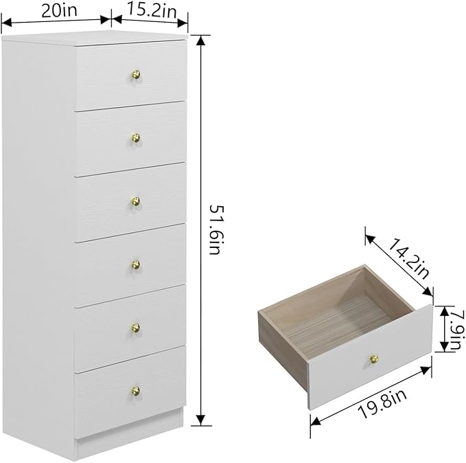 Panana Modern 6 Drawer Vertical Dresser, Wood Tall Chest of Drawers N Arrow Storage Organizer with Wide Drawers & Metal Gold Handles for Bedroom, Living Room, Office, Hallway, Entryway (White)