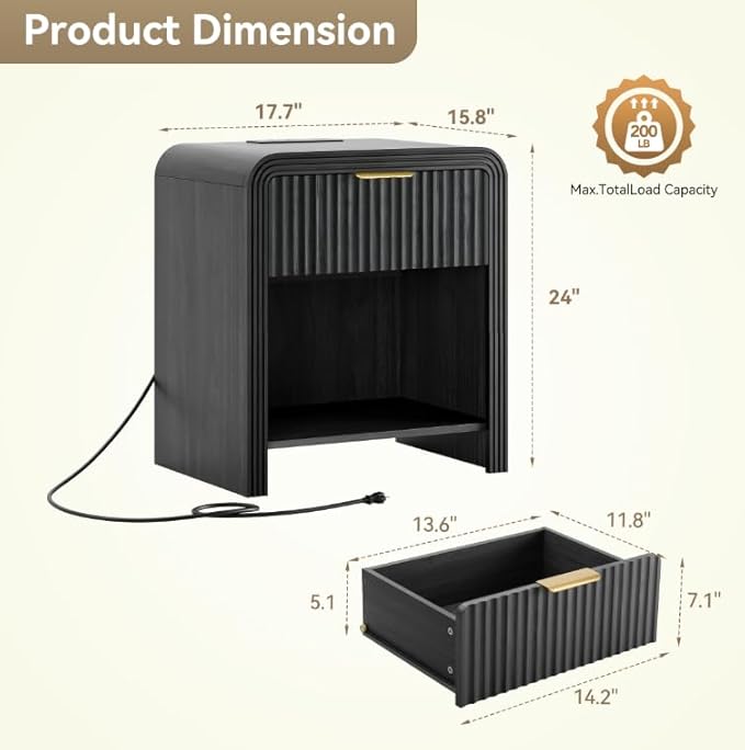 Decofy Fluted Nightstand with Charging Station, Modern Bedroom Side Table with Gold Handles, Curved Profile Design, End Table Wood Organizer for Bedroom, Open Shelf & 1 Drawers (1 Pack, Dark Walnut)