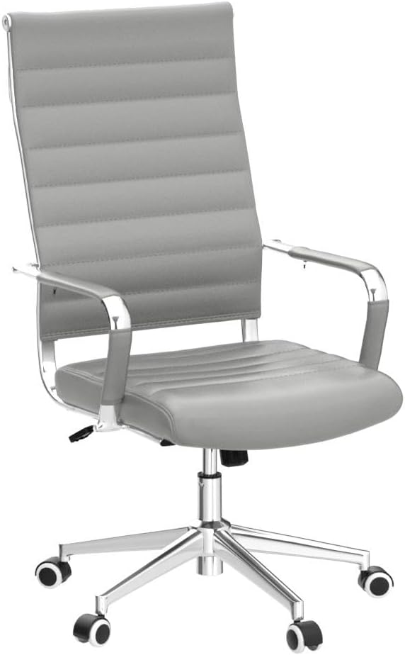 Okeysen Grey Office Desk Chair, Ergonomic Leather Modern Conference Room Chairs, Executive Ribbed Height Adjustable Swivel Rolling Chair for Home Office.