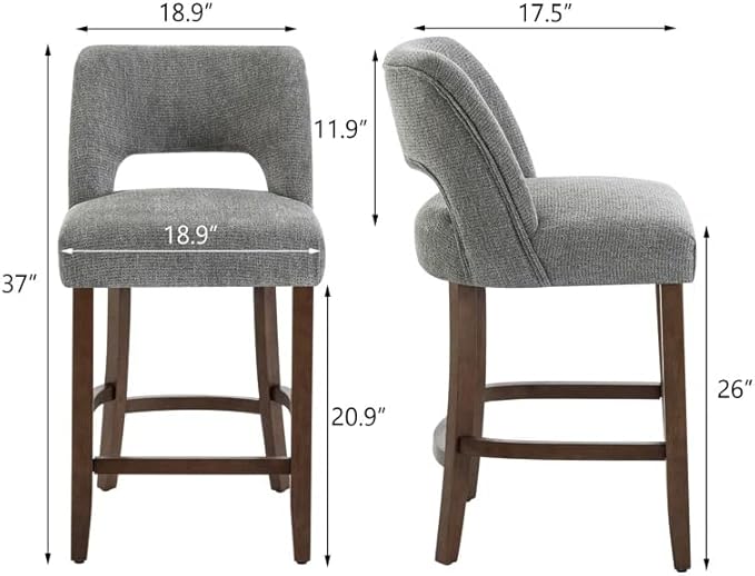 VKNOW Bar Stools Set of 2, 26" Upholstered Counter Height Bar Stools,Modern Counter Stools with Wood Legs for Kitchen Island Dining Room Bar,Fabric Grey
