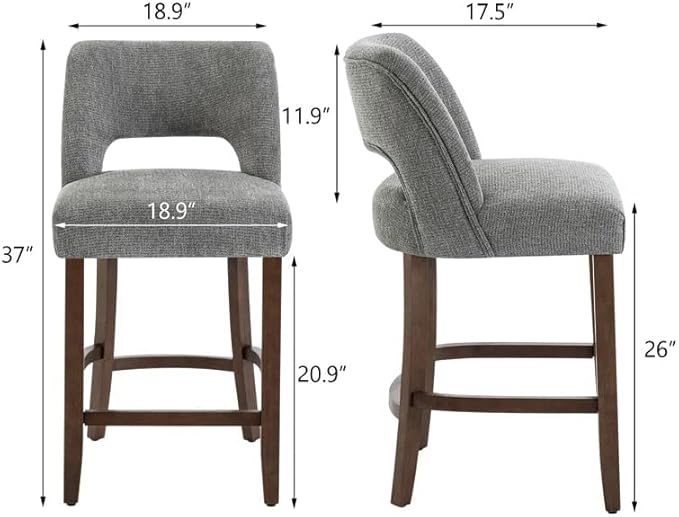 VKNOW Bar Stools Set of 6, 26" Upholstered Counter Height Bar Stools,Modern Counter Stools with Wood Legs for Kitchen Island Dining Room Bar,Fabric Grey