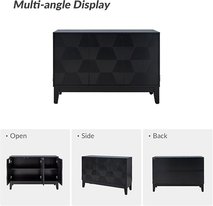 HULALA HOME Modern Kitchen Buffet Cabinet Storage Sideboard with 3D Geometric Design, Freestanding Floor Cabinet with 3 Doors & 2 Adjustable Interior Shelves for Living Room Dining Room Hallway, Black