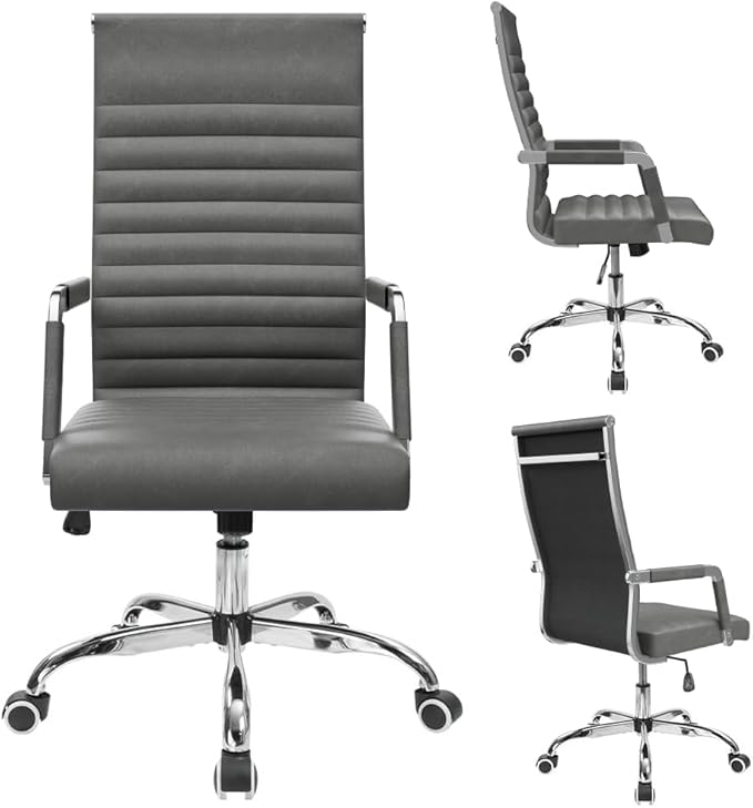 Furmax Ergonomic Office Desk Chair, Executive Ribbed Mid-Back PU Leather Conference Room Chair Adjustable Swivel Chair with Arms (4, Bicolor Vintage Grey)