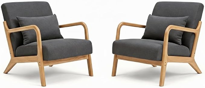Set of 2 Mid Century Modern Accent Chair with Wood Frame and Linen Fabric Upholstery, Comfortable Lounge Armchair with Pillow, Wooden Accent Chair for Living Room, Bedroom, or Reading Corner