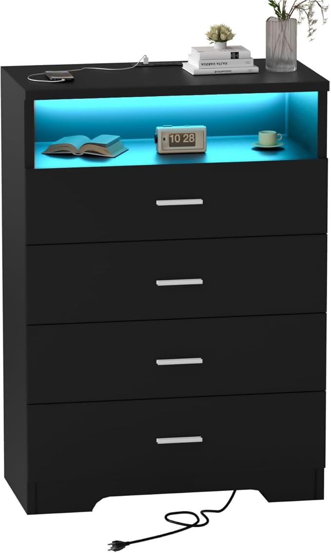 FJTJBSI Dresser with Power Outlets and LED Lights Wooden 4 Drawer Dresser with Large Organizer Tall Black Drawer for Bedroom Modern Chest of Drawers Closet for Living Room Kids Room