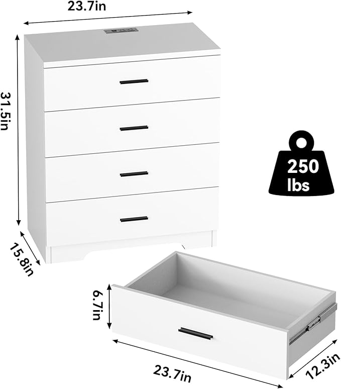 FJTJBSI Dresser with Power Outlets Wooden 4 Drawer Dresser with USB and Type C Port Chest of Drawers for Bedroom Tall White Organizer Storage for Living Room Hallway Closet
