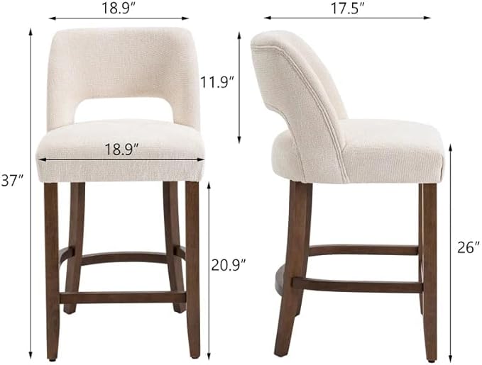 VKNOW Bar Stools Set of 6,Upholstered Counter Height Bar Stools,Modern Counter Stools with Wood Legs for Kitchen Island Dining Room Bar,White