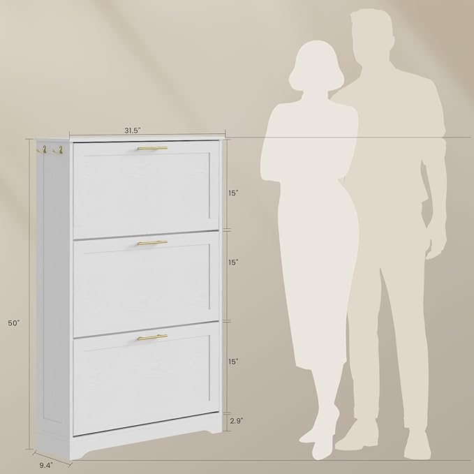 Shoe Cabinet Organizer with 3 Flip Drawers, Modern Narrow Shoe Cabinet with Metal Handles, Freestanding entryway Organizer with 2 Adjustable Shelves & 2 Hooks, for Foyer, Hallway, White