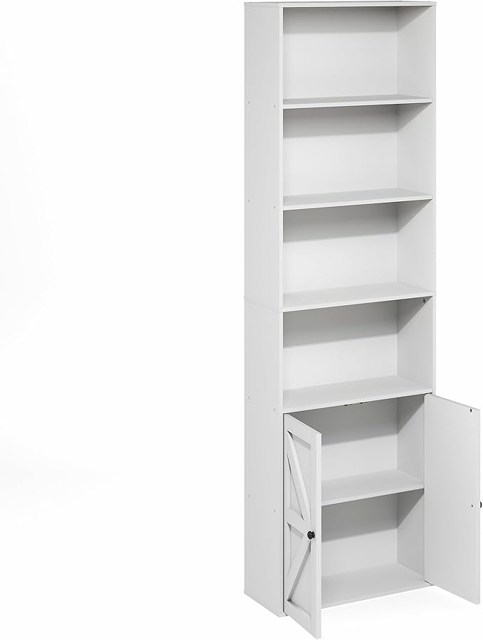 Furinno Jensen Book Shelf, 6-Tier Farmhouse Bookshelf, Display Bookcase with Doors, 9.2" x 21.6" x 71.2", for Organization and Storage, for Living Room, Bedroom, Home Office, White