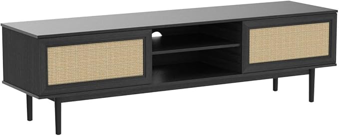 mopio Haylee TV Stand, Modern Farmhouse Television Stand for 55/60/65 inch TV, Natural Rattan Boho Entertainment Center with Storage, Media Console Credenza Table for Living Room, Bedroom (Black 59")