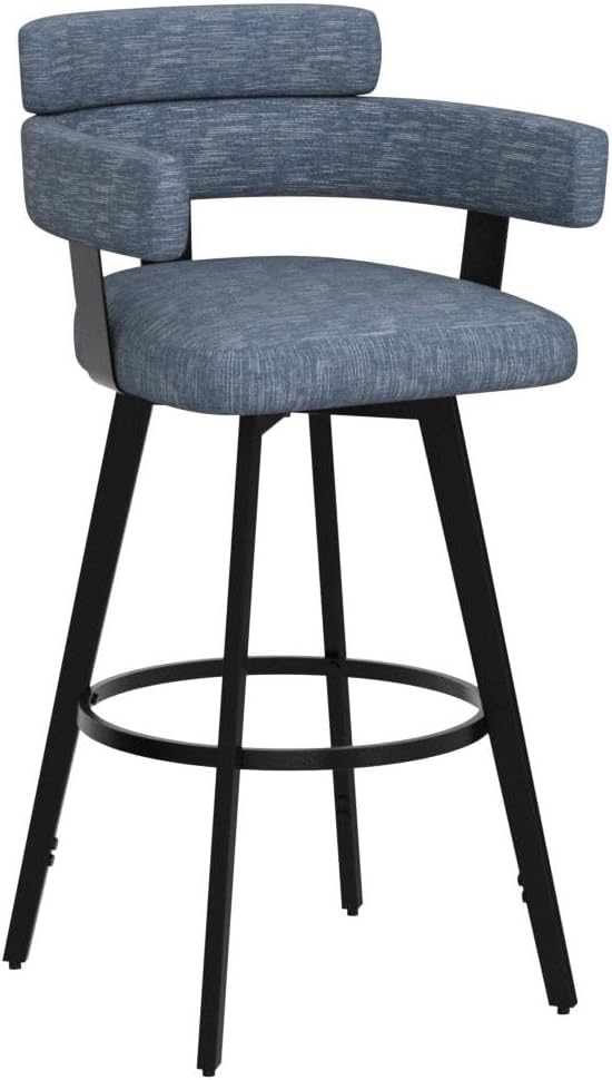 30 Inch Bar Stools Set of 2 with Full Back, Swivel Bar Chairs with Linen Padded Back, Metal Footrest, Modern Bar Height Stools for Kitchen Island, Dining, Living Room, Blue