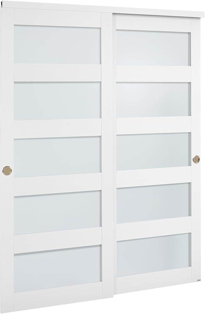 VEVOR Sliding Closet Door, 60" (Double 31") x 80", 5-Lite Frosted Glass with Hardware Kit & Floor Guide, Solid Wood & MDF Slab with Waterproof PVC Surface, Pre-Drilled Doors Panel, Need to Assemble