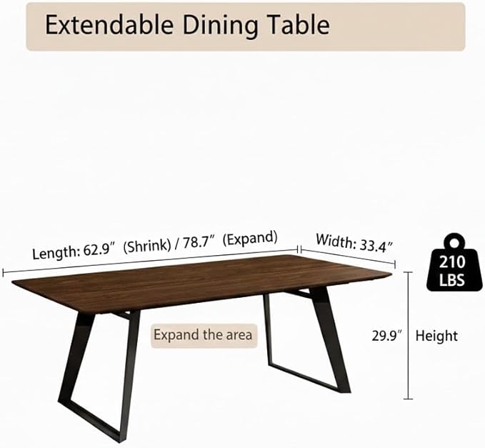 ZckyCine Extendable Dining Table - 63" to 78.7" Adjustable Rectangular Table with Black Metal Legs, Modern Expandable Dining Table for 6-8 People