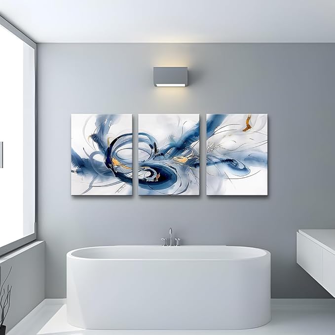 TTHYUEWS Abstract Wall Art For Living Room Canvas Wall Decor For Bedroom Office Decorations Minimalist Art Wall Pictures Blue Abstract Ink Wall Paintings Posters Modern Home Decor Artwork 3 Pieces