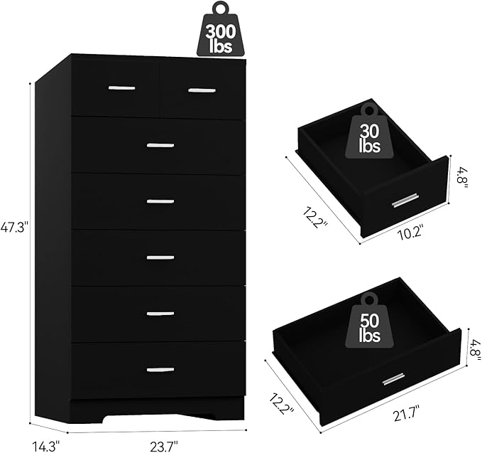 FJTJBSI 47.3" Tall Dresser for Bedroom Chests of Drawers with Charging Station 7 Drawer Dressers with Metal Slide Rail Modern Wood Closet Organizer with Large Storage for Home Office Entryway