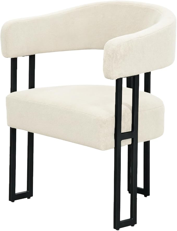 SIMTONAL Mid-Century Modern Dining Chairs Set of 4, Armrest Barrel Dining Chairs Side Accent Chairs with Curved Back, Upholstered Armchairs for Kitchen, Soft Teddy Fleece Surface, White