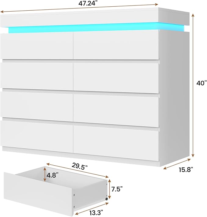 HAUOMS 8 Drawer Dresser with LED Light, White Modern Chest of Drawers for Bedroom,Closet Dressers with Drawers for Living Room, Entryway, Hallway