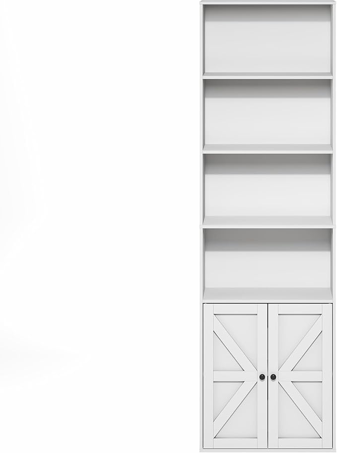 Furinno Jensen Book Shelf, 6-Tier Farmhouse Bookshelf, Display Bookcase with Doors, 9.2" x 21.6" x 71.2", for Organization and Storage, for Living Room, Bedroom, Home Office, White