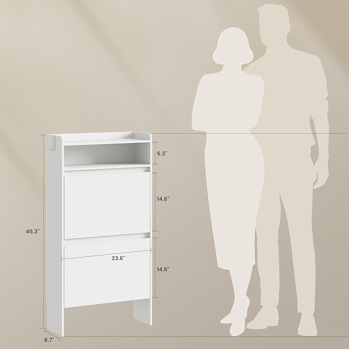 Shoe Cabinet Organizer with 2 Flip Drawers，Freestanding Shoe Rack Cabinet，Narrow Shoe Cabinet Storage for entryway, Foyer, Hallway, White, 23.6" W