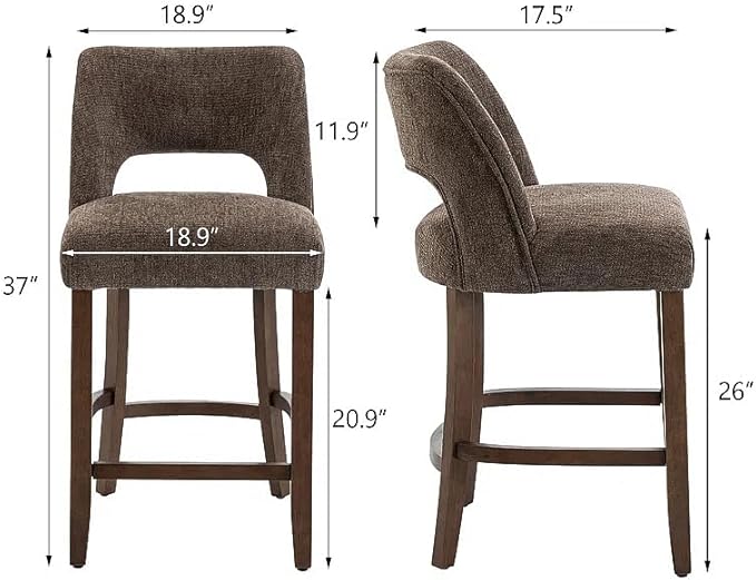 VKNOW Bar Stools Set of 2, 26" Upholstered Counter Height Bar Stools,Modern Counter Stools with Wood Legs for Kitchen Island Dining Room Bar,Brown