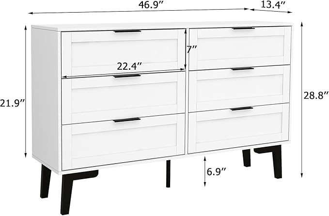 TaoHFE 6 Drawer Dresser for Bedroom Modern White Chest of Drawers for Nursery Wood Dresser for Kids Horizontal Dressers & Chests of Drawers for Bedroom Living Room