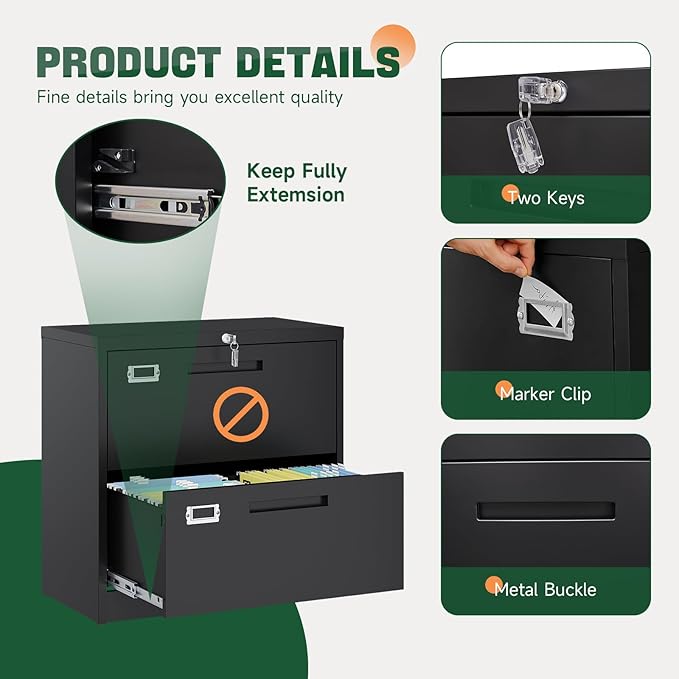 Letaya 2 Drawer File Cabinets with Lock,Metal Lateral Filing Storage Cabinet Printer Stand,Black Steel Home Office Cabinet for Hanging Files Letter/Legal/A4 Size (Black, H27.95×W28.35×D15.74)