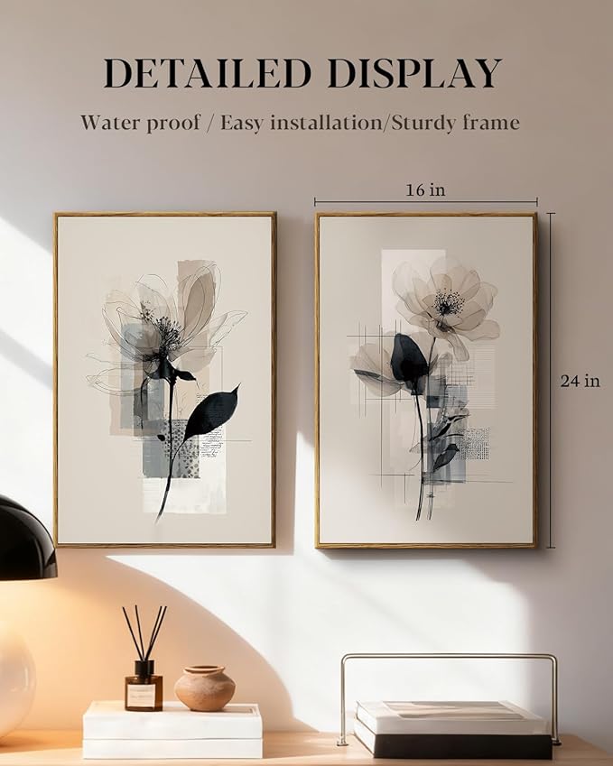 HUARCEY Large Modern Abstract Flower Wall Art Framed Canvas Set of 2, 16"x24" Minimalist Floral Paintings Artwork 2 Piece, Contemporary Neutral Tones Bedroom Living Room Kitchen Home Decor