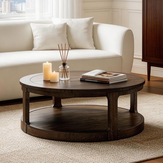 WILLIAMSPACE 40" Round Coffee Table with Wheels, Circle 2 Tier Solid Wood Center Coffee Table, Mid Century Retro Farmhouse Rounded End Table for Living Room Apartment, ø40 x 17.52" H (Dark Brown)