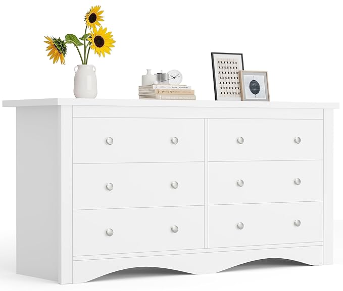 Furmax Dresser for Bedroom, 6 Wood Dresser, Chest of Drawers, for TV up to 65 inch, TV Stand Storage Chest of Drawers for Hallway Entryway (White)
