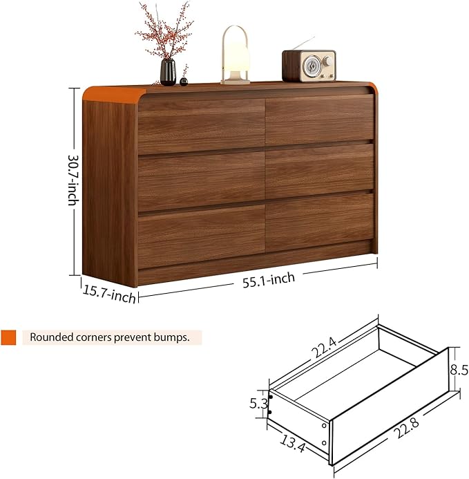 Messenya Modern 6 Drawer Dresser, 55-Inch Wood Chest of Drawers, Curved Anti-Collision Design, Mid-Century Storage Cabinet, Pre-Embedded Slots, Natural Texture, for Bedroom, TV Stand (W-55IN)